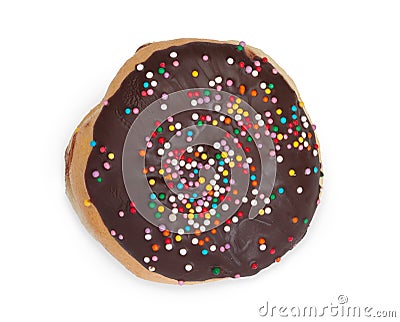 Donut with chocolate icing and sprinkles. Isolated on white background, close-up, top view Stock Photo