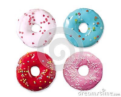 Donut with colorful sprinkles isolated on white background. Top view Stock Photo