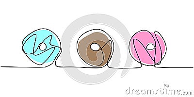 Donut continuous one line drawing for restaurant. Fresh sweet delicious American donuts restaurant logo emblem. Doughnut cafe shop Vector Illustration