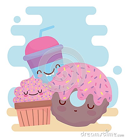 Donut cupcake and cup menu character cartoon food cute Vector Illustration