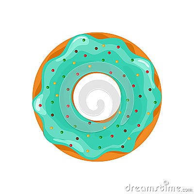 Donut and cupcake. Doughnut with blue glazed. Sweet cake for dessert. Cartoon icon of donut with icing isolated on white Vector Illustration