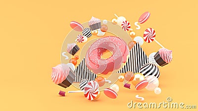 Donut ,Cupcakes ,Macaron,Candy floating among colorful balls on an orange background. Stock Photo