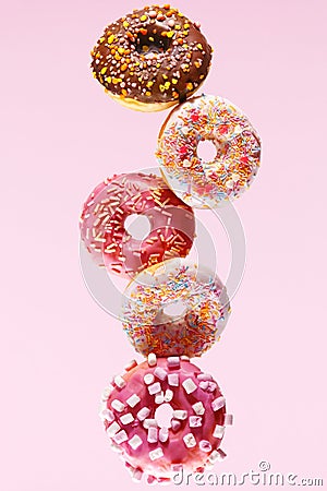 Donut Dessert. Donuts On Pink Background Stock Photo