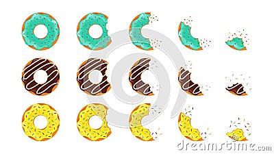 Donut dessert. Doughnut bite. Sweet cake. Pink and chocolate donut. Icon of cartoon food. Circle doughnut with glazed, cream and Vector Illustration