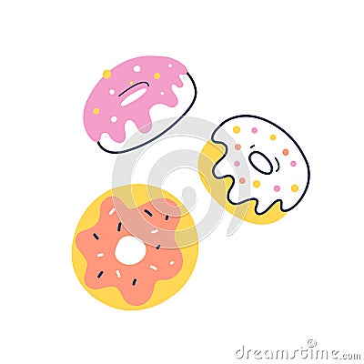 Donut doodles, hand drawn icons set, collection of sweet fried doughnuts, colorful glazed dessert with sprinkles, good Vector Illustration