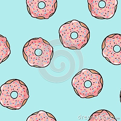 Donut doodles seamless pattern. Pink donut with topping on blue pastel background. Cute cartoon background template Vector Illustration