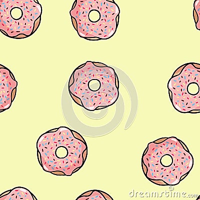 Donut doodles seamless pattern. Pink donut with topping on yellow pastel background. Cute cartoon background template Vector Illustration