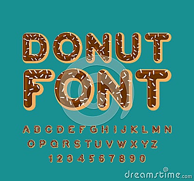 Donut font. pie alphabet. Baked in oil letters. Chocolate icing Vector Illustration