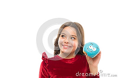 Donut her sweet obsession. Sugar levels and healthy nutrition. Happy childhood and sweet treats. Donut breaking diet Stock Photo