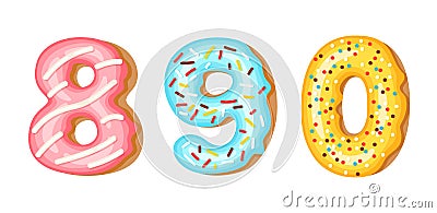 Donut icing numbers digits - 8, 9, 0. Font of donuts. Bakery sweet alphabet. Donut alphabet latters A b C isolated on Vector Illustration
