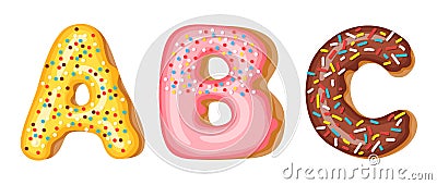 Donut icing upper latters - A, B, C. Font of donuts. Bakery sweet alphabet. Donut alphabet latters A b C isolated on Vector Illustration