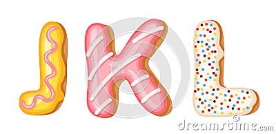 Donut icing upper latters - J, K, L. Font of donuts. Bakery sweet alphabet. Donut alphabet latters A b C isolated on Vector Illustration