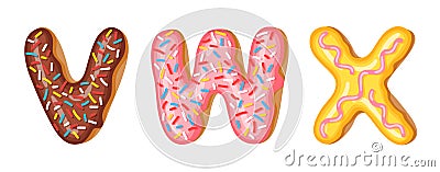 Donut icing upper latters - V, W, X. Font of donuts. Bakery sweet alphabet. Donut alphabet latters A b C isolated on Vector Illustration