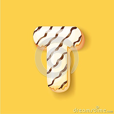 Donut icing white upper latter - T Font of donuts. Bakery sweet alphabet. Donut alphabet latter T isolated on yellow Vector Illustration