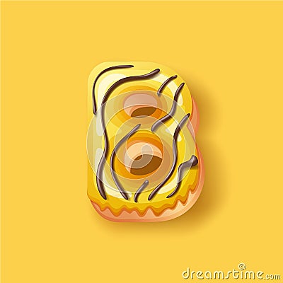 Donut icing yellow upper latter - B Font of donuts. Bakery sweet alphabet. Donut alphabet latter B isolated on yellow Vector Illustration