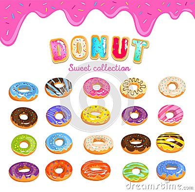 Donut icon set in cartoon style with donut text and dripping pink glaze background. Colorful doughnuts with different glaze. Vector Illustration