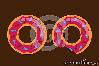 Donut with mouth bite isolated on a brown background. Vector Illustration