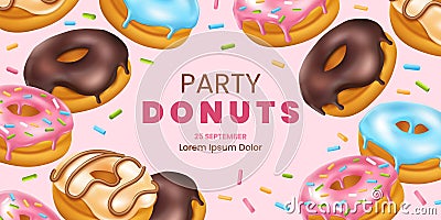 Donut party flyer, confectionery menu. Baked doughnut birthday invitation card, cute fun sweet food with hole. Snacks Vector Illustration