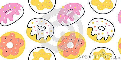 Donut pattern, various glazed donuts with sprinkle, seamless vector background, sugar fast food illustration, doodle Vector Illustration