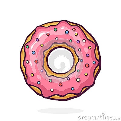 Donut with Pink Glaze and Colored Powder. Dessert Street Food. Vector Illustration. Hand Drawn Cartoon Clip Art With Outline. Vector Illustration