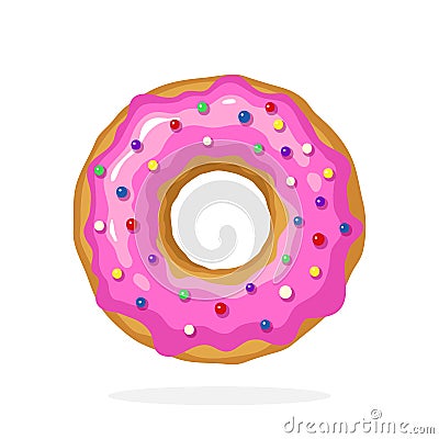 Donut with pink glaze and colored sugar dragees Vector Illustration