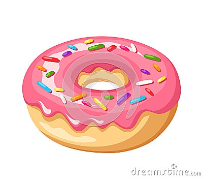 Donut with pink glaze and colorful sprinkles. Vector illustration. Vector Illustration