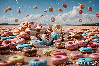 Donut Rain with blue sky and colorful donuts up view. ai generative Stock Photo