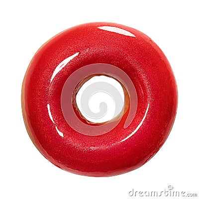 Donut with red glossy glaze isolated on white background. One round red Doughnut. Front view. Top view Stock Photo