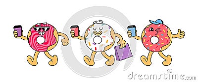 Donut Retro Cartoon Stickers. Funny Doughnut Character with Happy Smile Face and Coffee Mug for Bakery, Cafe, Restaurant Vector Illustration