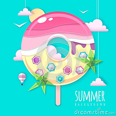 Donut with sea or osean island landscape inside. Summer beach background. Cut out paper art style design. Origami Vector Illustration