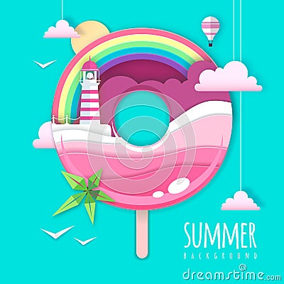Donut with sea or osean island landscape and lighthouse inside. Summer beach background. Cut out paper art style design. Origami Vector Illustration