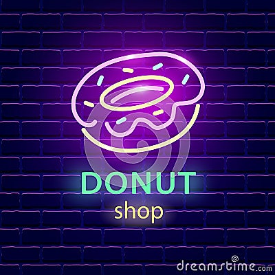 Donut shop neon logo sign on dark brick wall background Vector Illustration