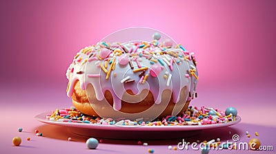 A donut with sprinkles on a plate on a pink background, AI Stock Photo