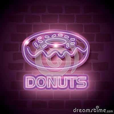 Donut sweet neon label Vector Illustration