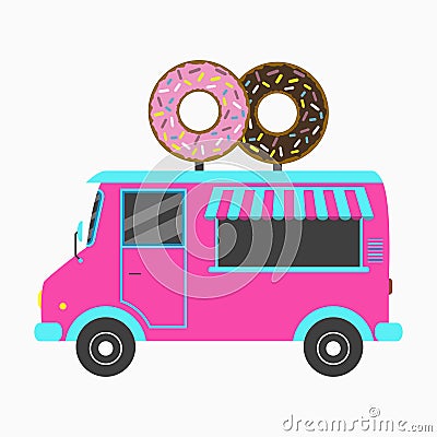 Donut truck. Fast food Bakery van with signboard in form of two tasty donuts. Vector illustration. Vector Illustration