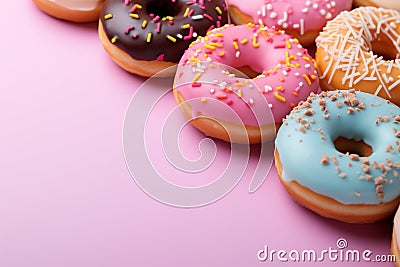 Donut variety showcased in a minimalist top view pattern with text space Stock Photo