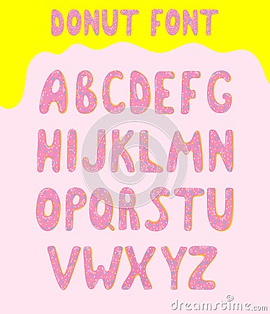 Donut vector alphabet covered with sweet icing. Trendy kids alphabetical doughnuts font. ABC with pink and glazed Vector Illustration