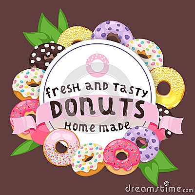 Donut vector doughnut food glazed sweet dessert with sugar chocolate in bakery illustration backdrop set of colorful Vector Illustration