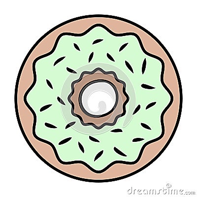 Donut. View from above. The fried delicacy is covered with green icing and sprinkled with sprinkles Vector Illustration