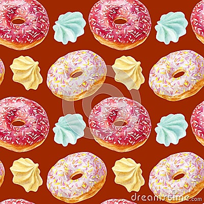 Seamless pattern with colorful donuts with glaze and sprinkles. Cartoon Illustration
