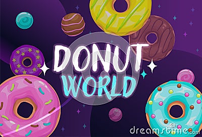 Donut world banner. Food space vector illustration Vector Illustration