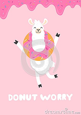 Donut worry it`s no prob-llama inspirational card with alpaca holding a donut on head, sweet donut glaze and blue background. Vector Illustration