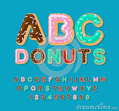 Donuts ABC. pie alphabet. Baked in oil letters. icing and sprinkling. Edible typography. Food lettering. Doughnut font Vector Illustration