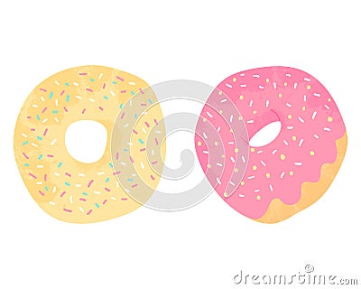 Donuts - american sweet dessert with caramel or chocolate pink and yellow glaze covered. Sweets desserts in flat cartoons design. Vector Illustration