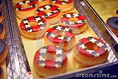 Donuts in Amsterdam with Amsterdam flag. Holland Stock Photo