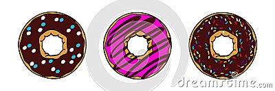 Donuts with brown chocolate and pink glaze Vector Illustration