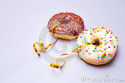 Donuts collection isolated on white background. Festive donut with golden ribbon for lovers Stock Photo