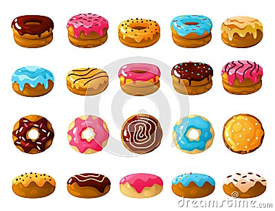 Donuts collection. Sweet doughnut pastry with sprinkles, glaze and frosting, colorful sweet pastry dessert for bakery Vector Illustration
