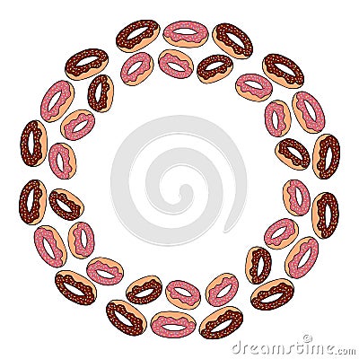 Donuts colorful doodles ornamental frame. Vector colorful illustration Vector Illustration