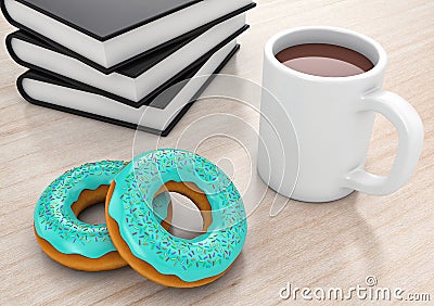Donuts with cup and books Stock Photo